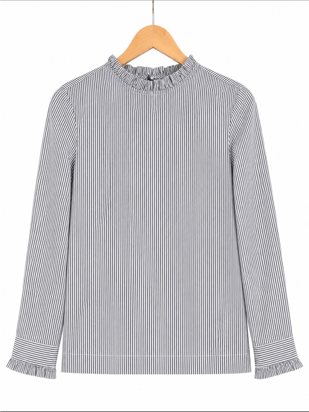 H&M Blue and White Striped Long Sleeve Ruffle Neck Blouse